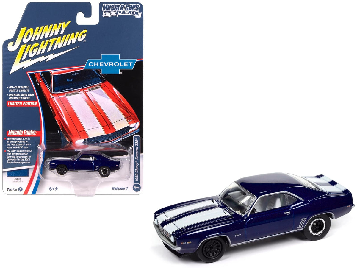 Blue Metallic 1969 Chevrolet Camaro Z28 Johnny Lightning model with white stripes