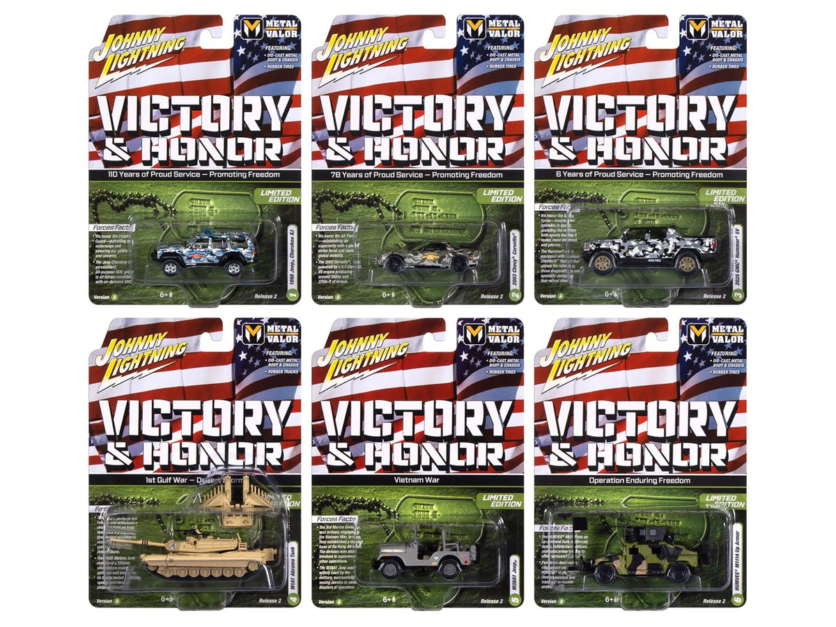 Johnny Lightning Military 2025 Release 2 Set A with military vehicles and branch-tribute civilian subjects
