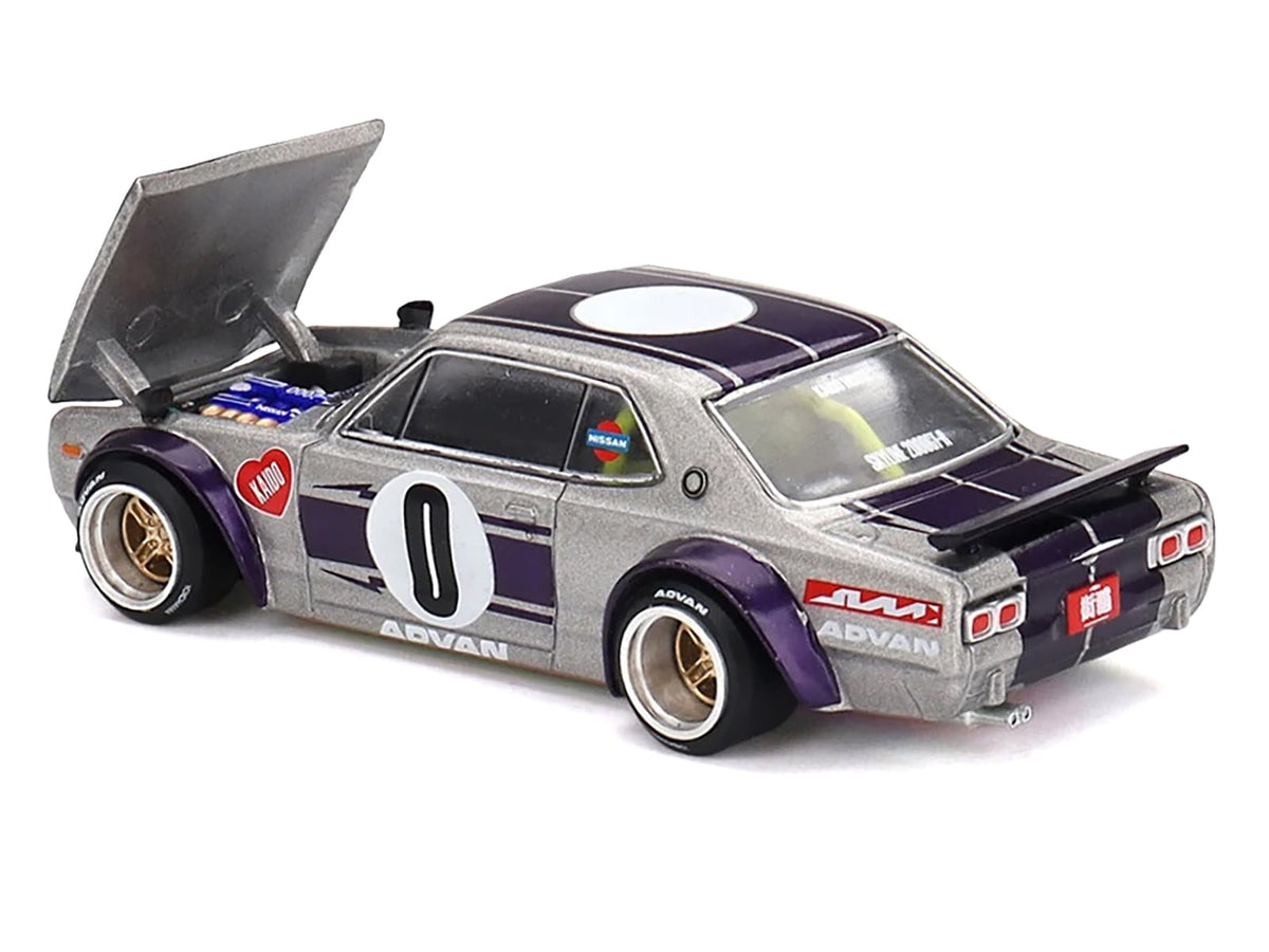 Kaido House x MINI GT 1:64 Skyline KPGC10 Kaido Works V1 #0, silver with purple stripes.