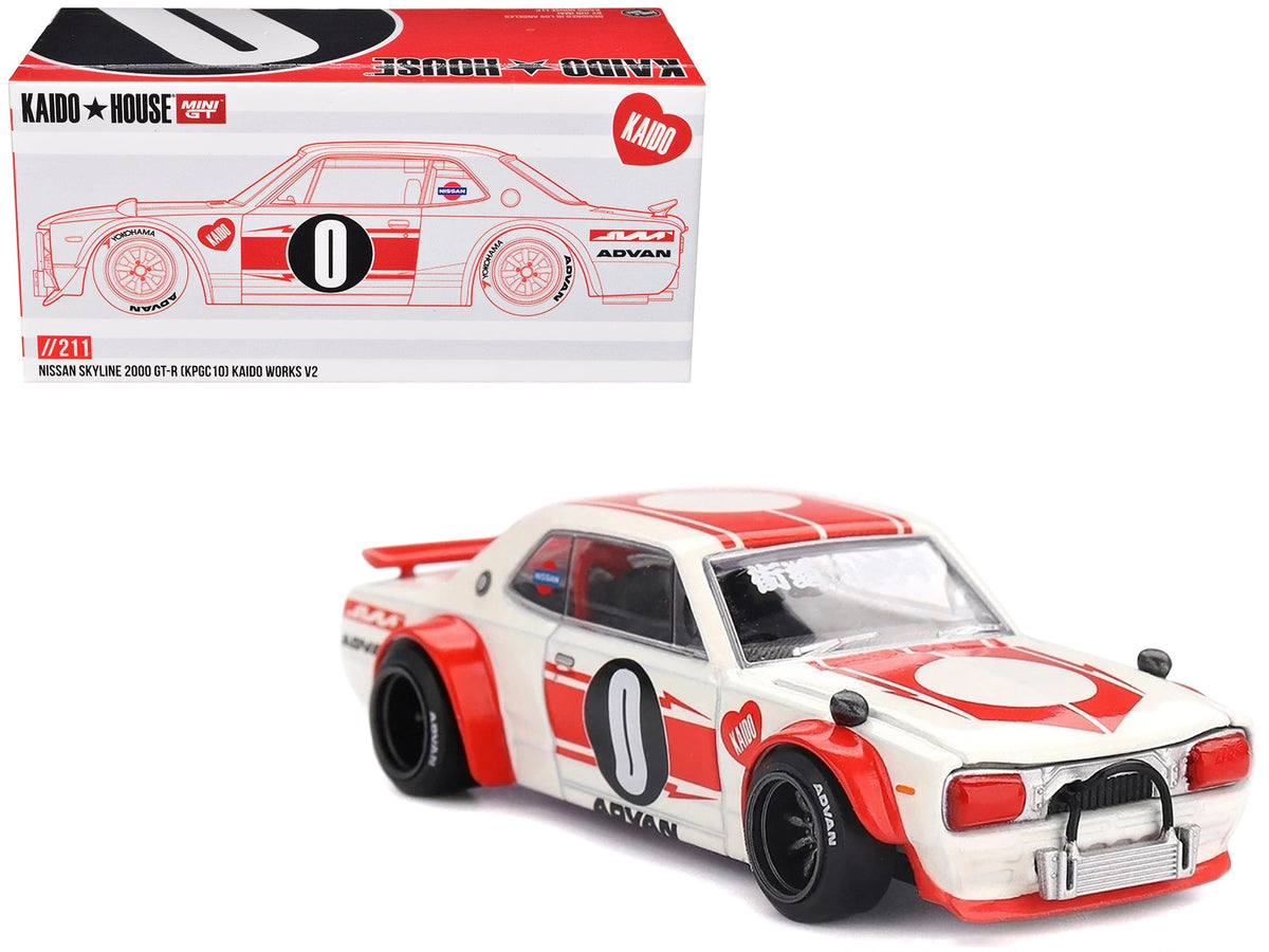 Kaido House x MINI GT 1:64 Nissan Skyline KPGC10 Kaido Works V2 in white with red stripes.