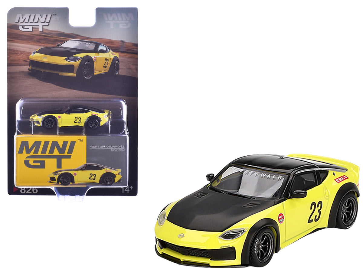 MINI GT 1:64 Nissan Z LB-Nation Works #23 in Ikazuchi Yellow with black hood and roof.