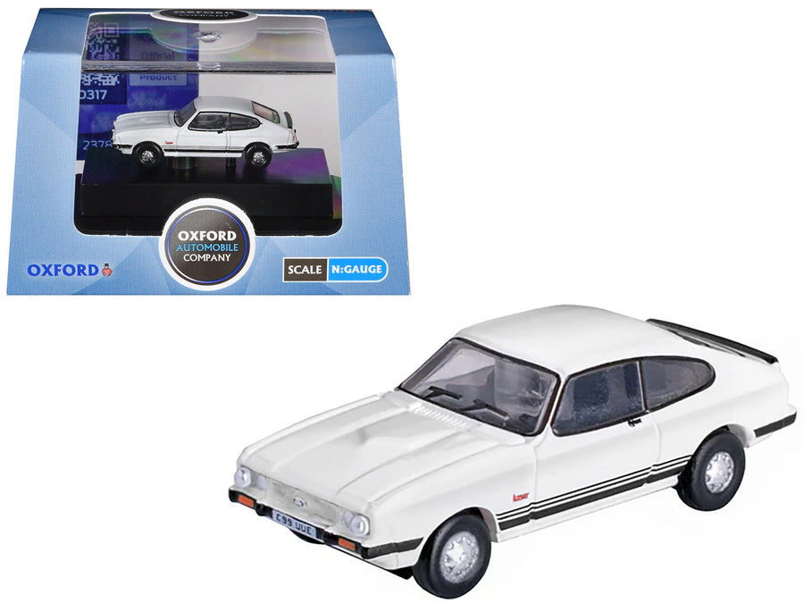 Oxford Ford Capri Mk3 in Diamond White with black stripes, 1:148 scale