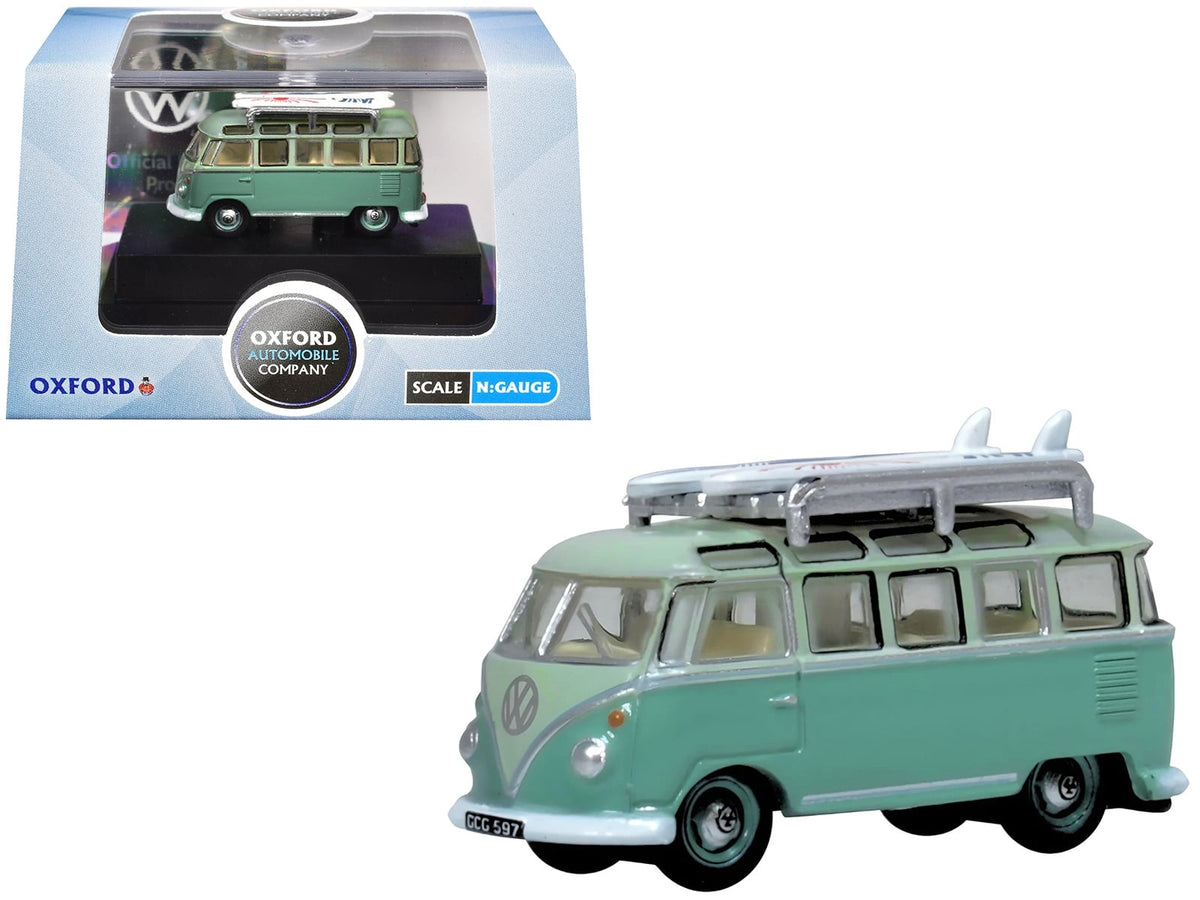 Oxford Volkswagen T1 Samba in two-tone green with surfboards on its roof rack