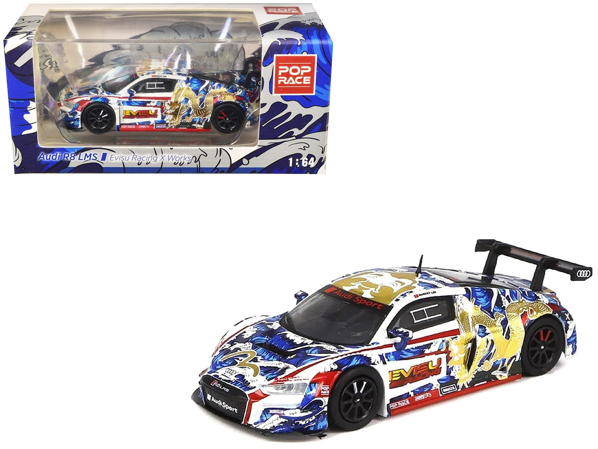 Audi R8 LMS "Evisu Racing X Works" White with Graphics 1/64 Diecast Model Car by Pop Race