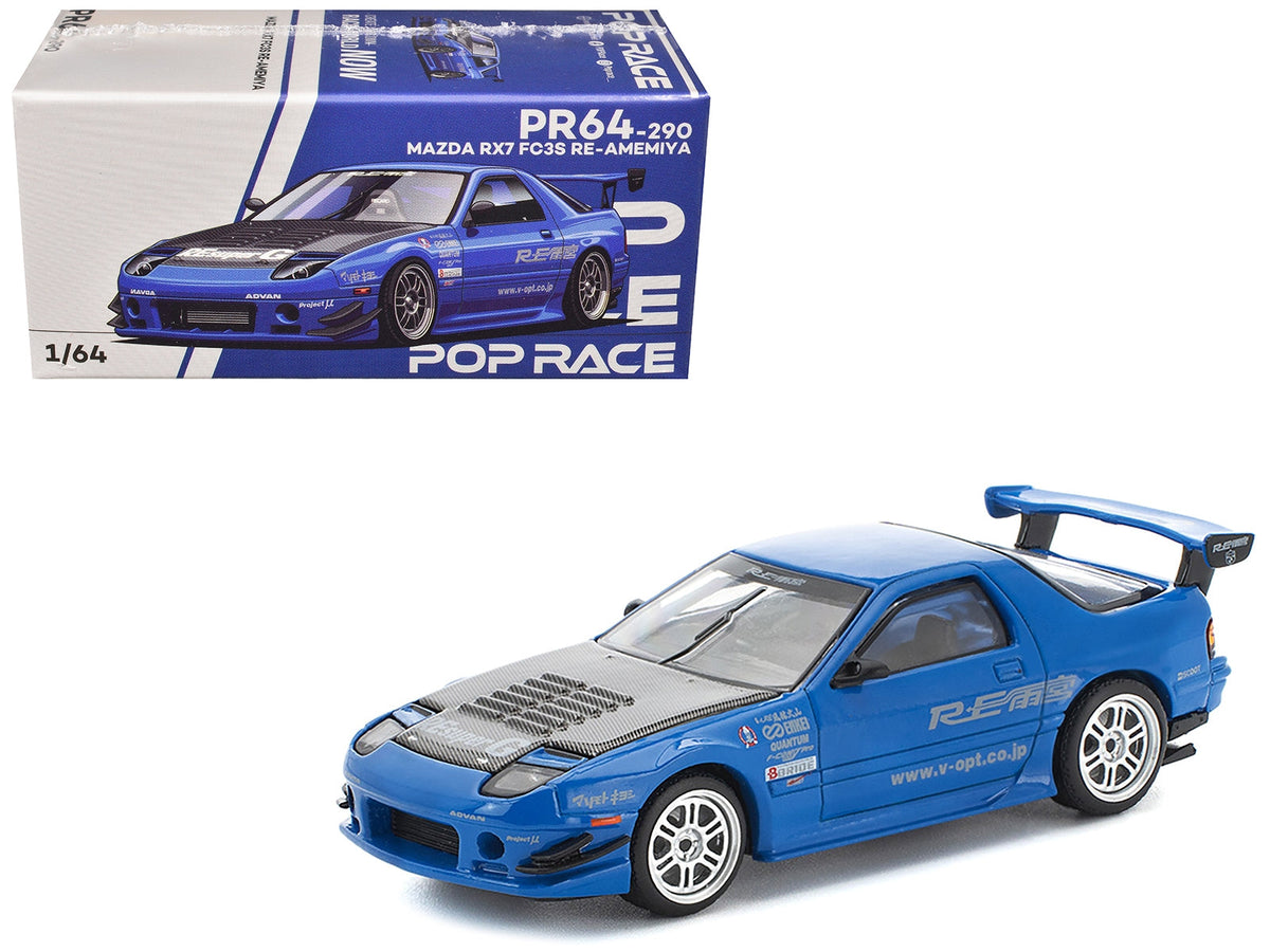 Mazda RX7 (FC3S) RE Amemiya RHD (Right Hand Drive) Blue Metallic with Carbon Hood 1/64 Diecast Model Car by Pop Race