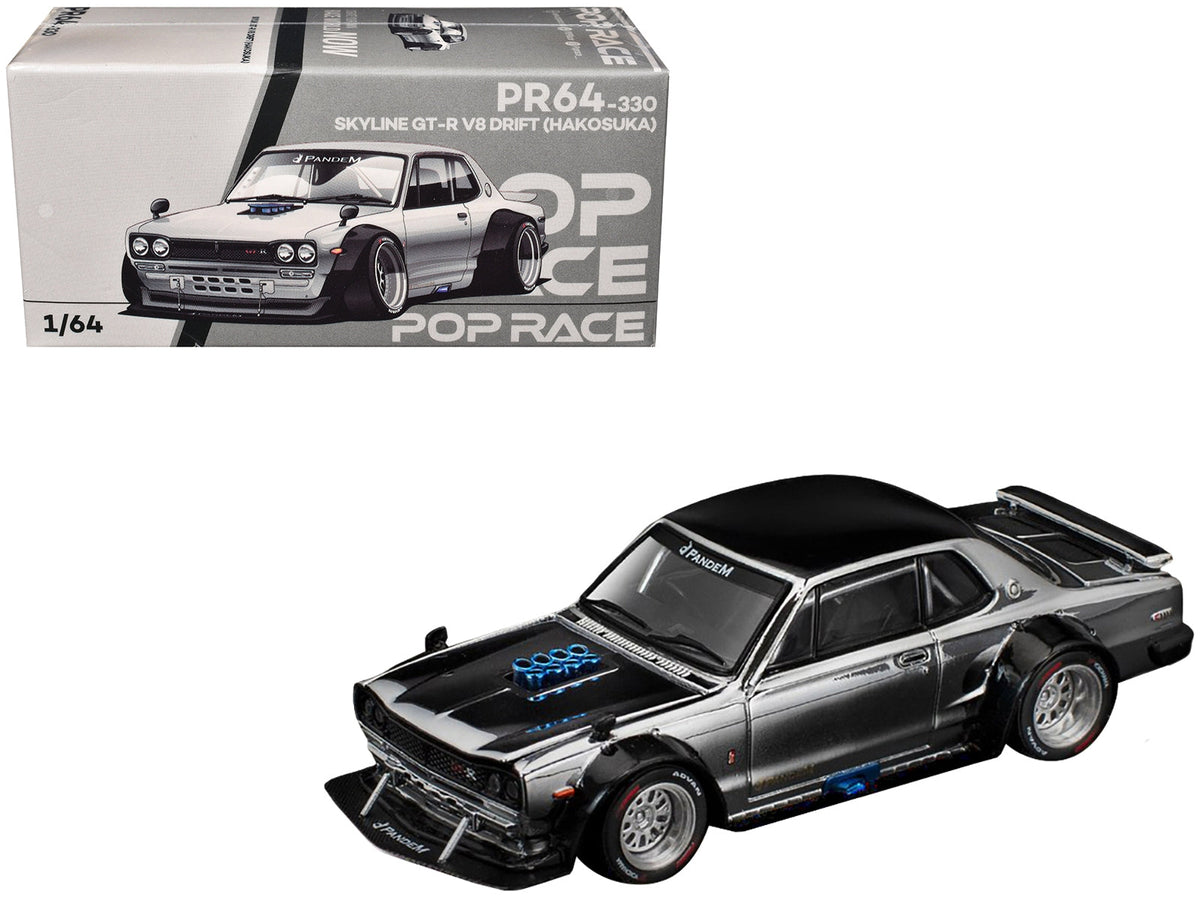 Skyline GT-R V8 Drift "Hakosuka" RHD (Right Hand Drive) Silver Chrome with Black Hood and Top 1/64 Diecast Model Car by Pop Race