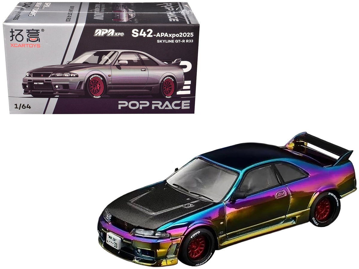 Skyline GT-R (R33) RHD (Right Hand Drive) Chameleon Chrome with Carbon Hood "APA XPO 2025 Exclusive" 1/64 Diecast Model Car by Pop Race
