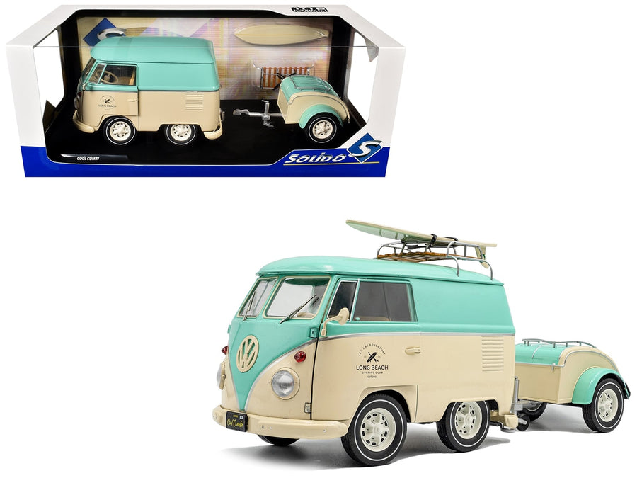 2024 Volkswagen Cool Combi Van with Trailer "Long Beach Surfing Club" Mint Green and Cream with Roof Rack and Surfboard 1/18 Diecast Model Car by Solido