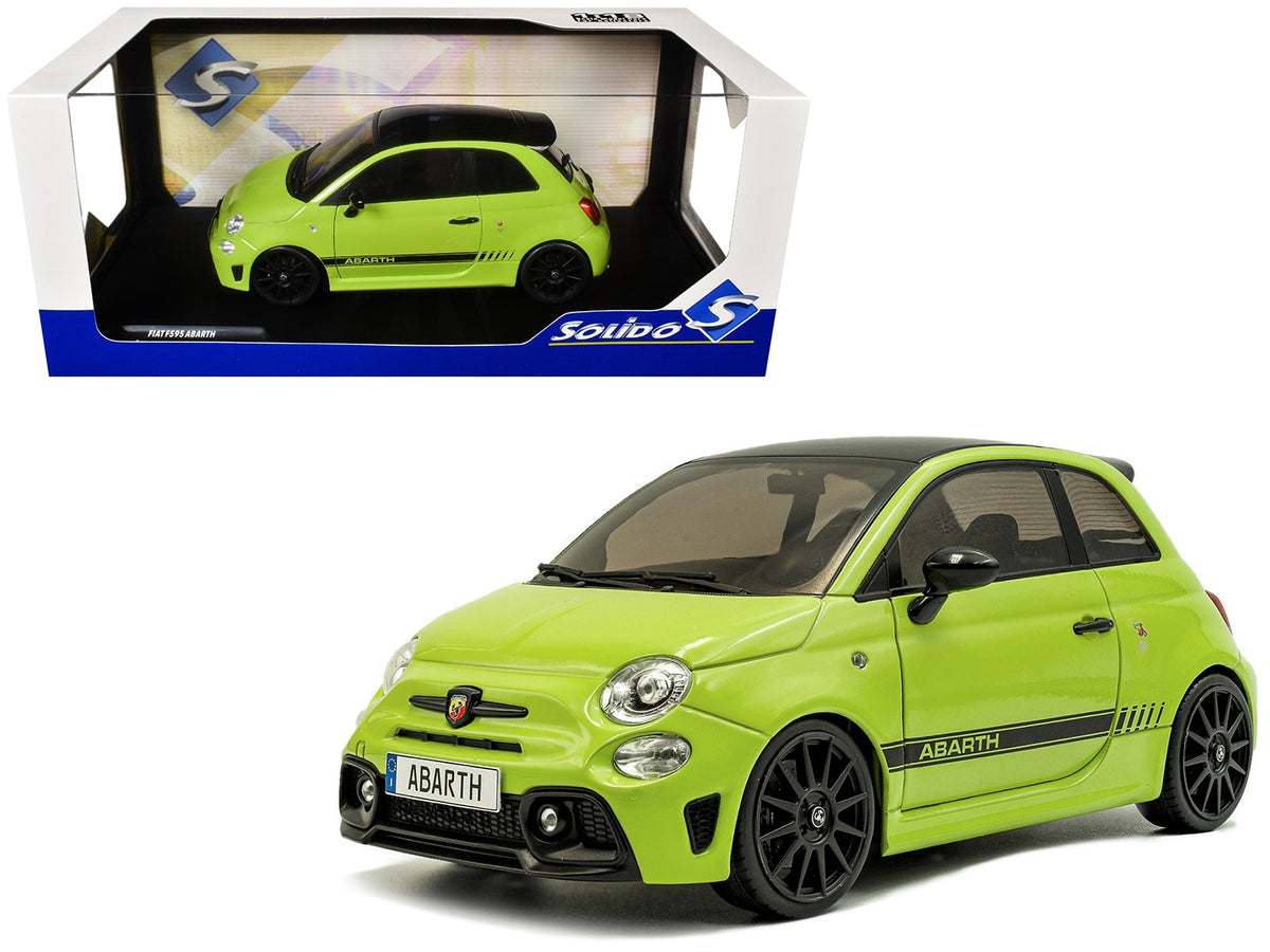 2023 Fiat F595 Abarth Verde Adrenalina Green with Black Top and Stripes 1/18 Diecast Model Car by Solido