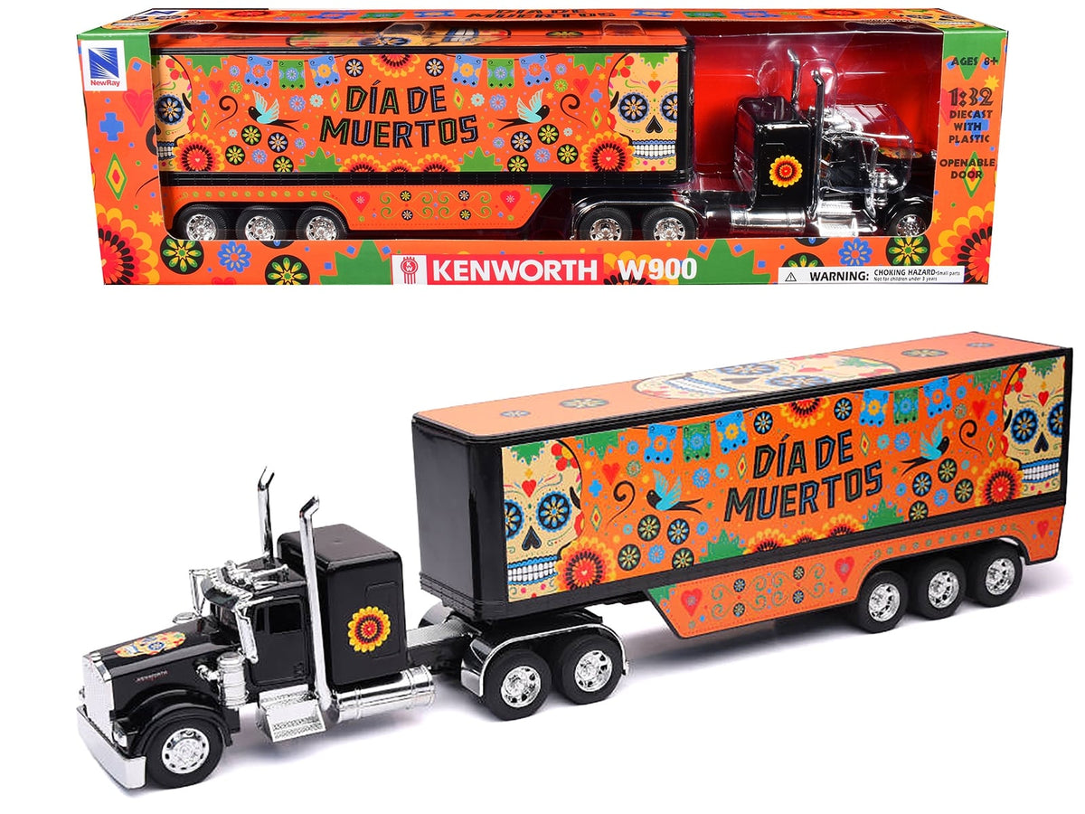 Kenworth W900 Truck Black with Graphics and Dry Van Trailer "Dia De Muertos" 1/32 Diecast Model by New Ray image 2