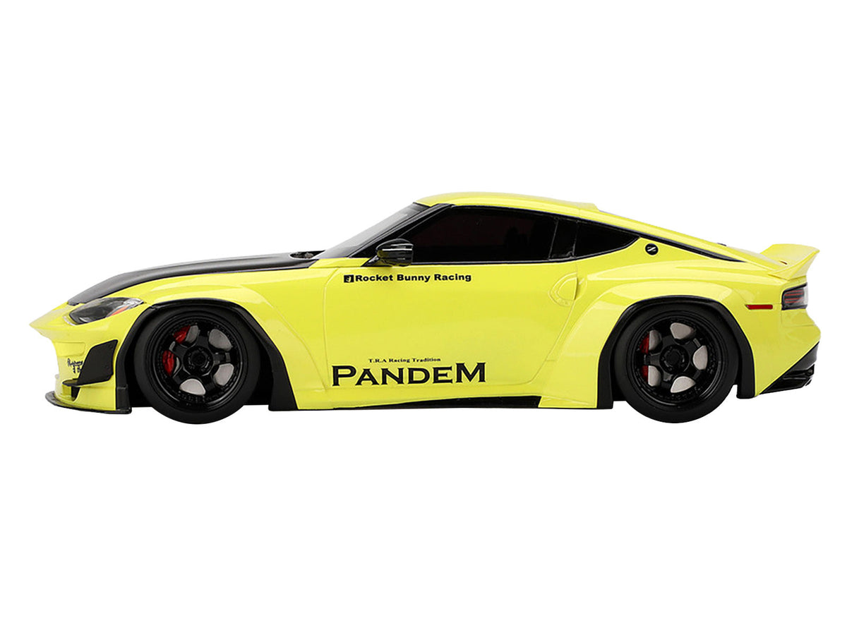 Nissan Z (RZ34) "Pandem" Ikazuchi Yellow with Matt Black Hood 1/18 Model Car by Top Speed