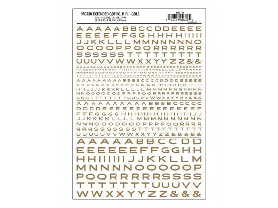 Woodland Scenics MG736 Extended Gothic Railroad Gold dry transfer sheet
