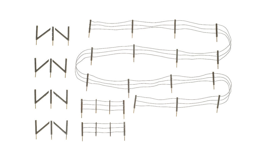 Woodland Scenics A2980 HO scale Barbed Wire Fence with gates, corner posts and braces.
