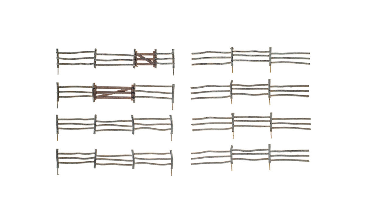 Woodland Scenics A2981 HO scale Log Fence, manufacturer view of eight fence sections including gates.
