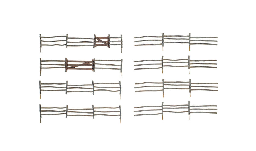 Woodland Scenics A2981 HO scale Log Fence, manufacturer view of eight fence sections including gates.
