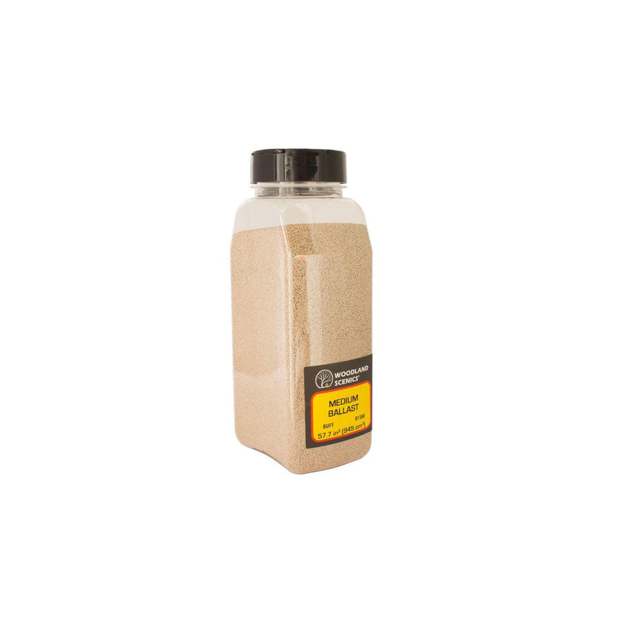 Woodland Scenics B1380 Buff Medium Ballast shaker bottle, showing the manufacturer's B1380 label.