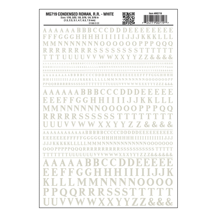 Woodland Scenics MG719 Condensed Roman Railroad White dry transfer lettering sheet.