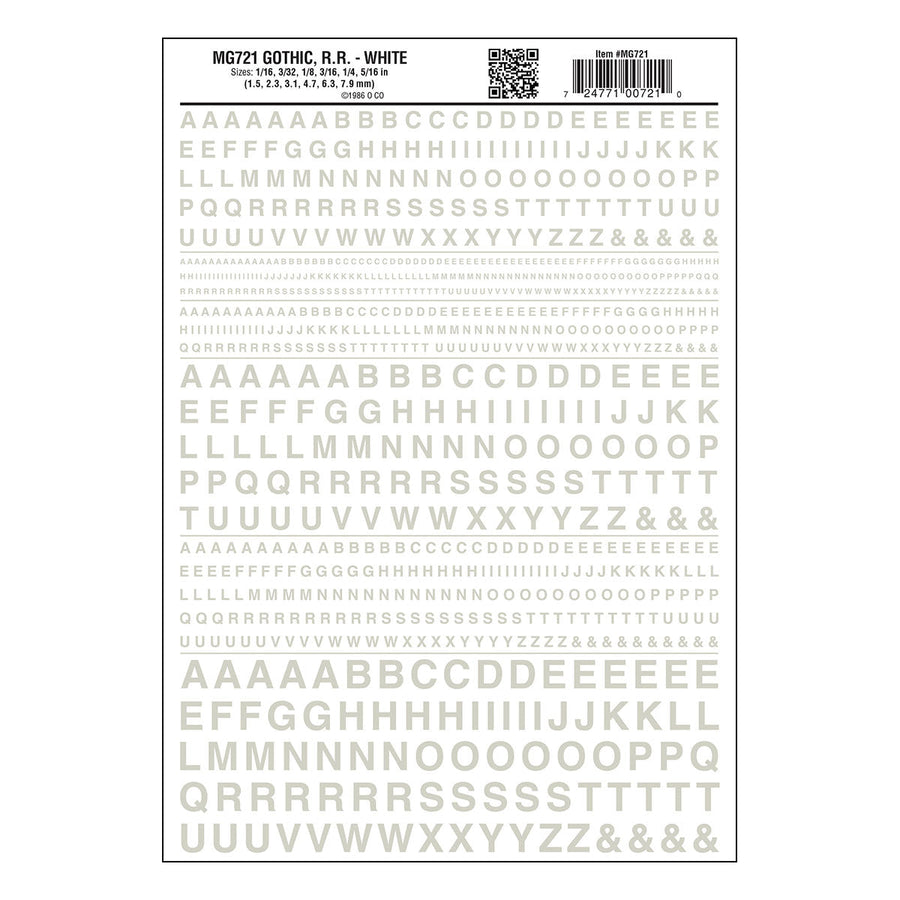 Woodland Scenics MG721 Gothic Railroad White dry transfer lettering sheet.