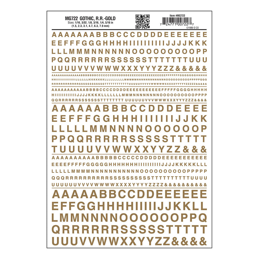 Woodland Scenics MG722 Gothic Railroad Gold dry transfer lettering sheet.