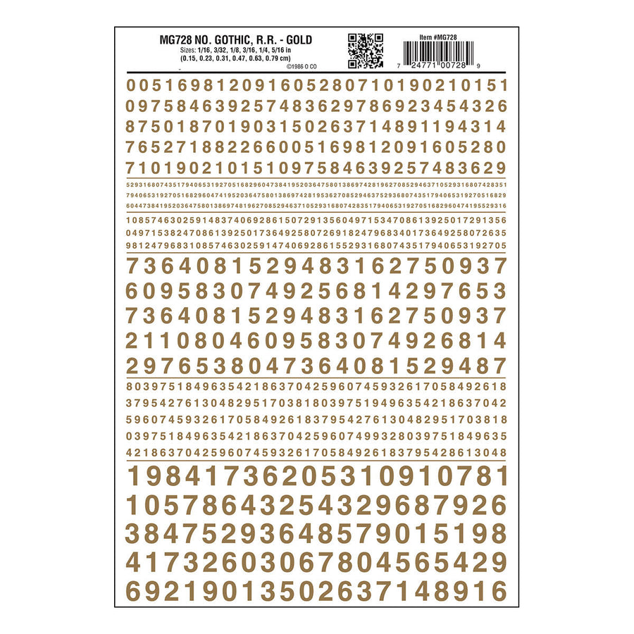Woodland Scenics MG728 Gothic Railroad Gold numbers dry transfer sheet.