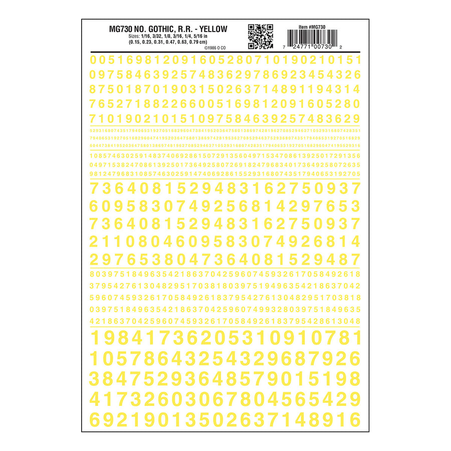 Woodland Scenics MG730 Gothic Railroad Yellow numbers dry transfer sheet.