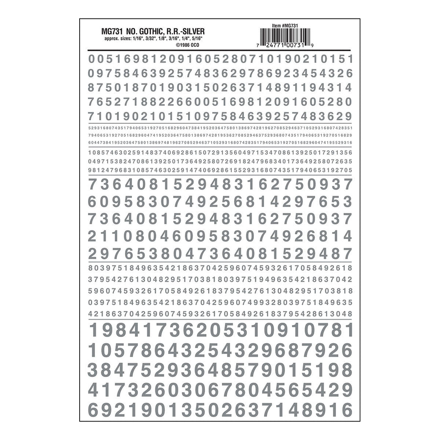 Woodland Scenics MG731 Gothic Railroad Silver numbers dry transfer sheet.