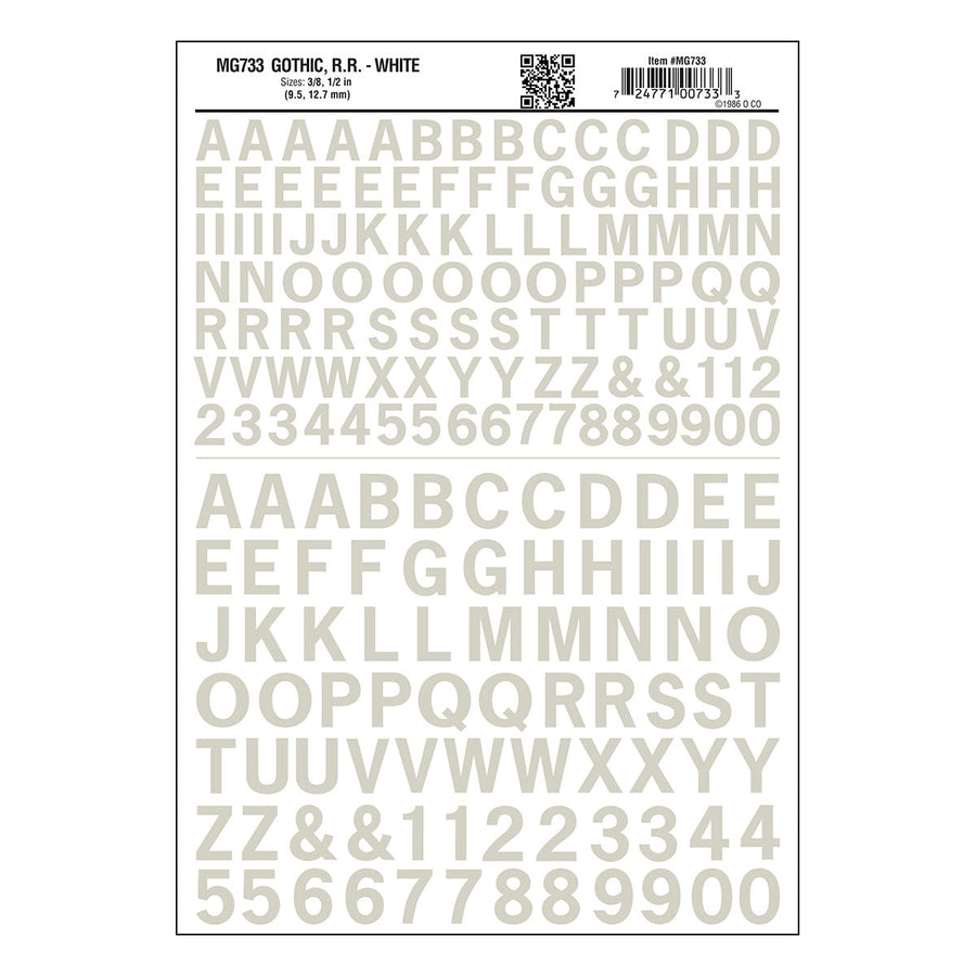 Woodland Scenics MG733 Gothic Railroad White dry transfer lettering sheet.