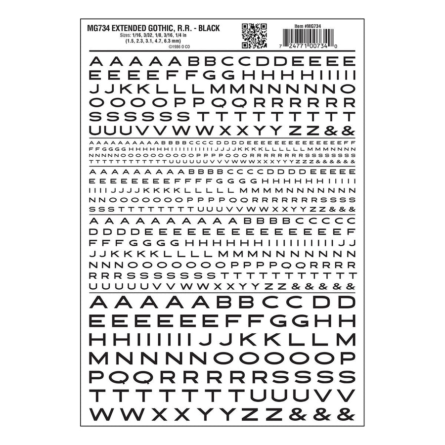 Woodland Scenics MG734 Extended Gothic Railroad Black dry transfer lettering sheet.