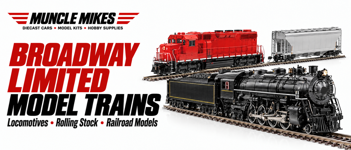 Muncle Mikes Broadway Limited collection artwork: illustrative unlettered steam locomotive, diesel locomotive and covered hopper.