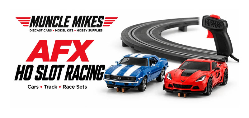 Muncle Mikes AFX collection artwork: illustrative HO slot cars, curved racing track and hand controller.