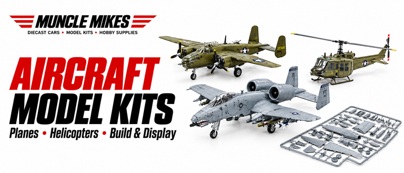 Muncle Mikes aircraft model kits collection artwork: illustrative jet, propeller bomber, helicopter and plastic kit parts.