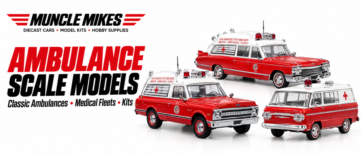 Muncle Mikes ambulance collection artwork: illustrative classic Cadillac, Chevrolet C10 and Corvair Greenbrier ambulance models.
