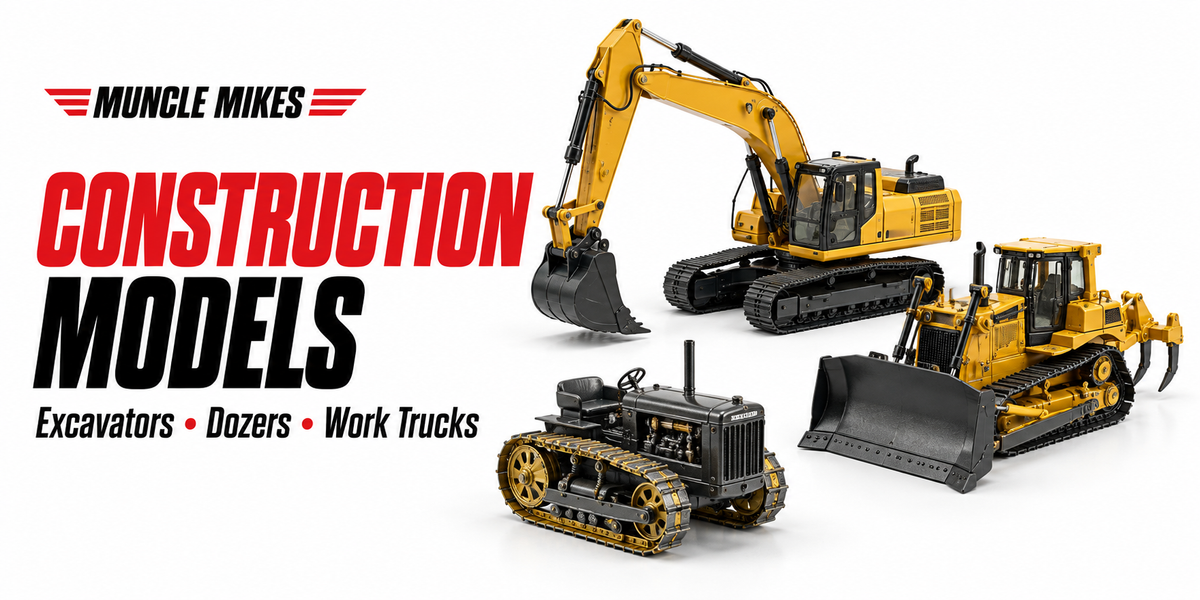 Muncle Mikes construction models collection artwork: Excavators, Dozers, Work Trucks