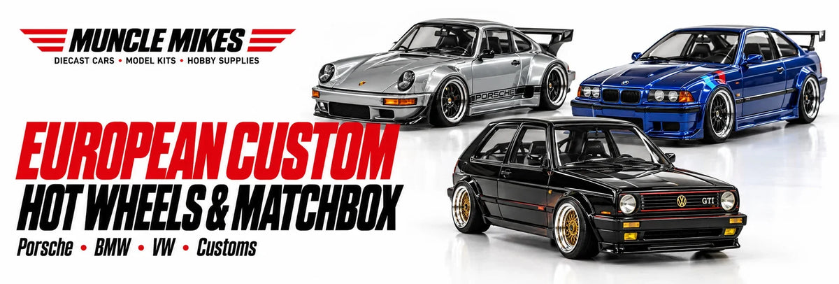 Muncle Mikes collection artwork: illustrative European custom Porsche, BMW and Volkswagen diecast builds