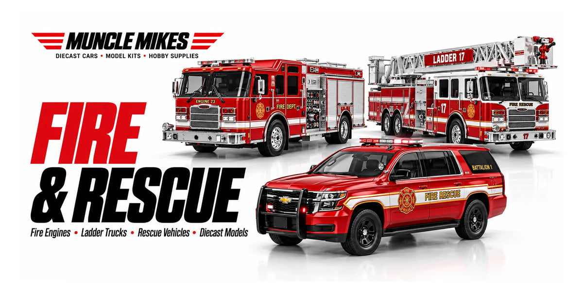 Muncle Mikes collection artwork: illustrative fire engine, ladder truck and rescue SUV in a complete white category banner.