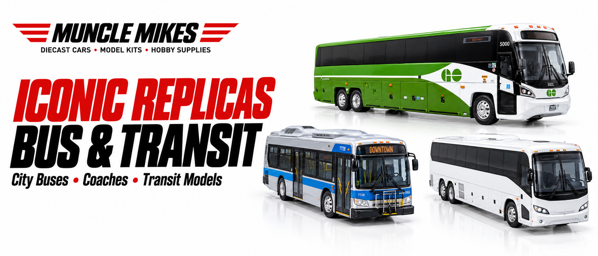 Muncle Mikes Iconic Replicas collection artwork: illustrative city transit bus and highway coach models on a white MM banner.