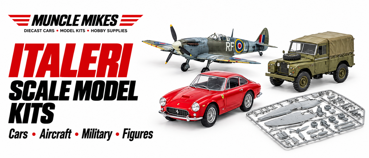 Muncle Mikes Italeri collection artwork: illustrative sports car, propeller aircraft, military utility vehicle and model-kit sprue.