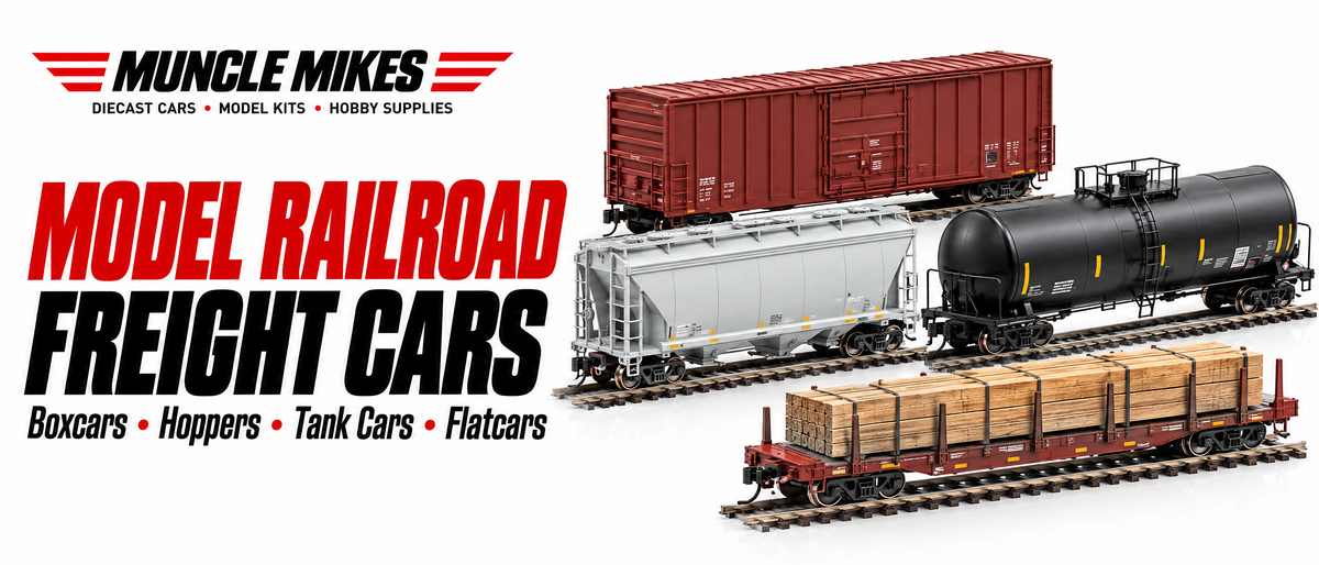 Muncle Mikes model railroad freight cars collection artwork: illustrative boxcar, covered hopper, tank car and loaded flatcar on a white MM banner.