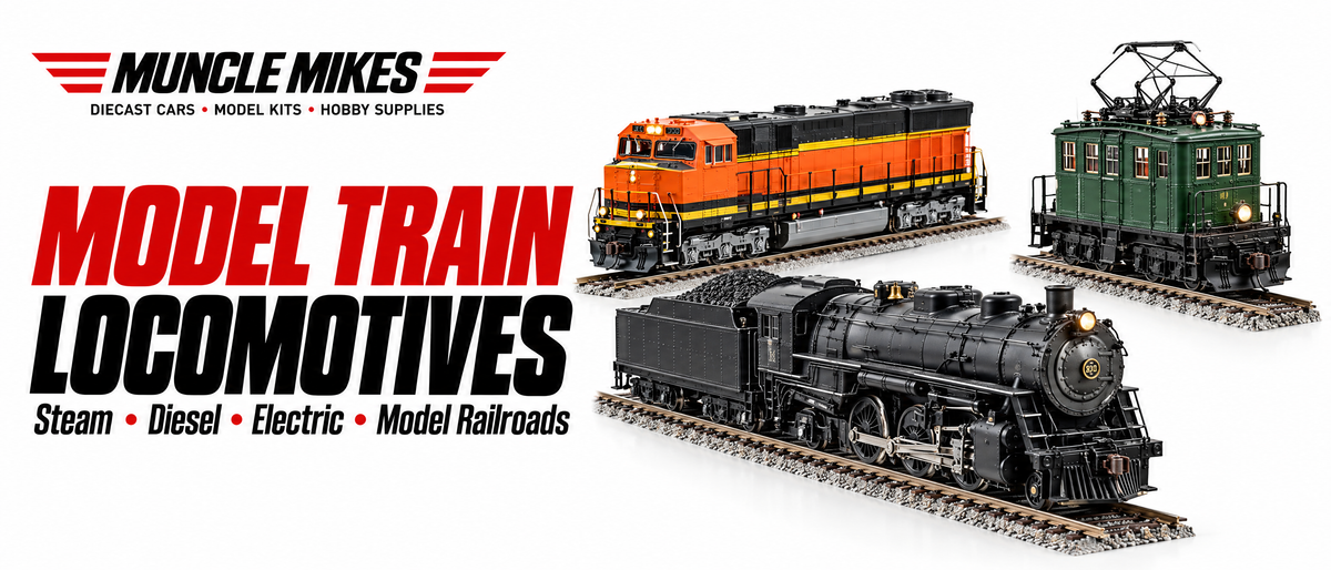 Muncle Mikes model train locomotives collection artwork: steam, diesel and electric model locomotives on a white MM banner.