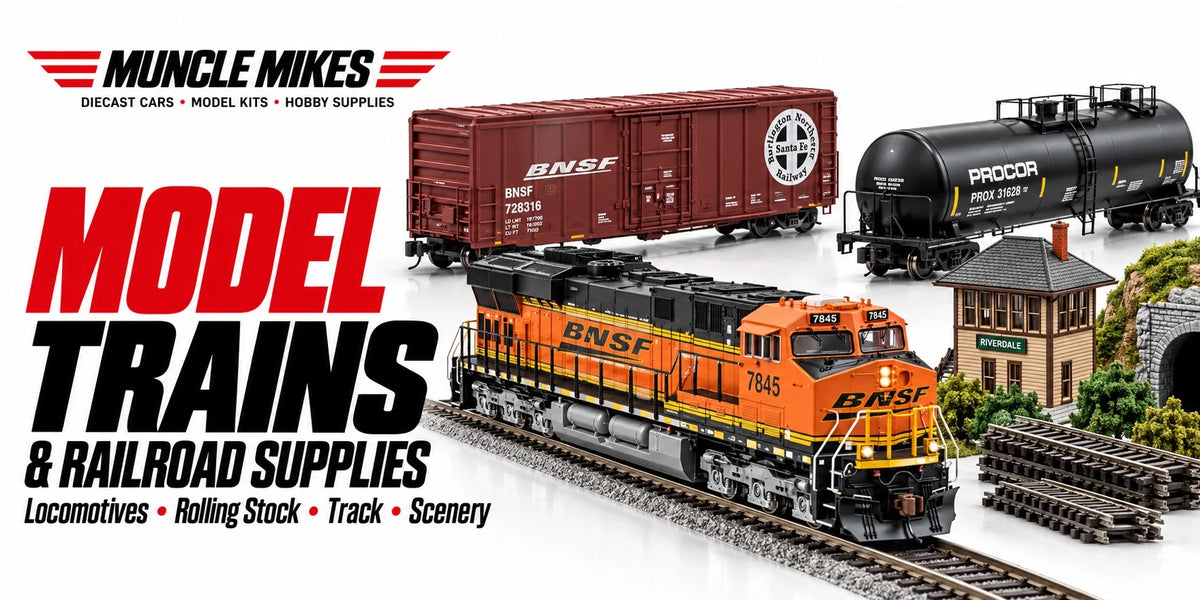 Muncle Mikes collection artwork: Model Trains and Railroad Supplies with an illustrative locomotive, freight cars, track and scenery