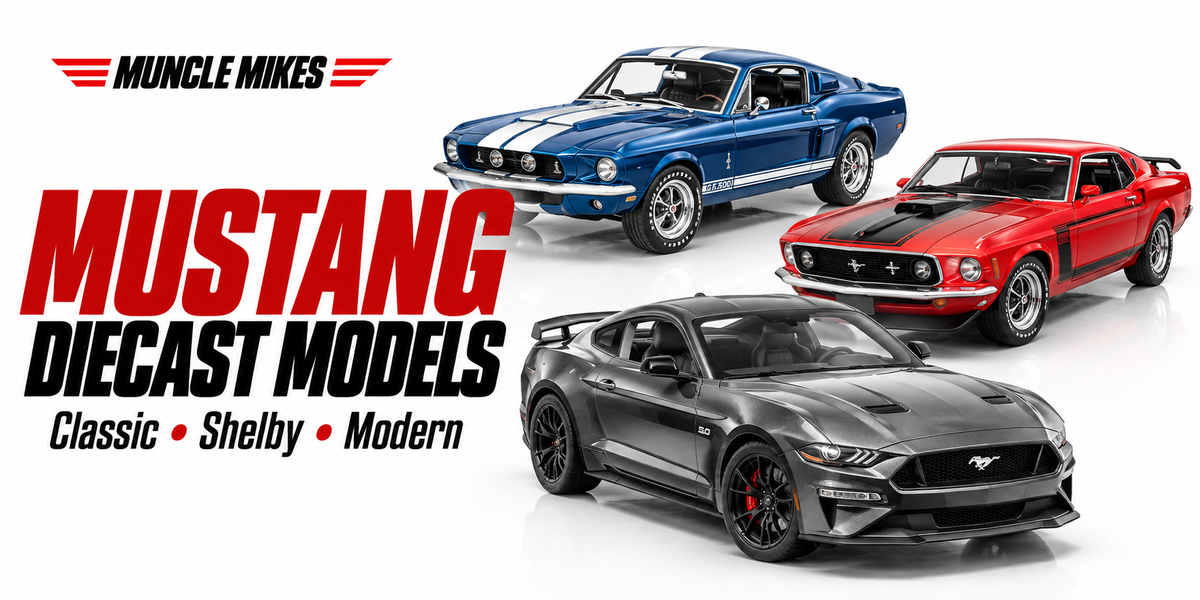 Muncle Mikes Mustang diecast models collection artwork: Classic, Shelby, Modern