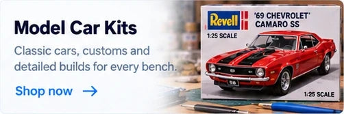 Model car kits — illustrative Camaro kit and assembled example