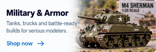 Military and armor model kits — illustrative tank and kit box