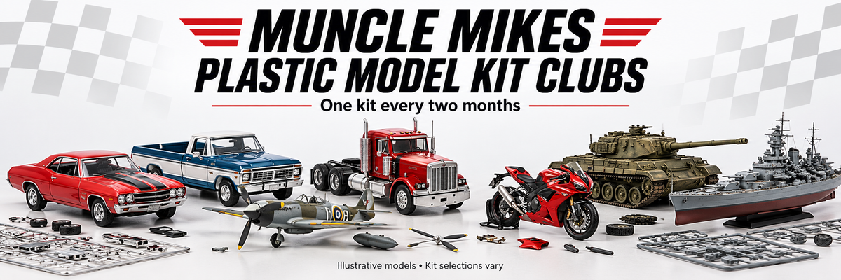 Muncle Mikes collection artwork: illustrative car, pickup, big rig, aircraft, motorcycle, military vehicle and ship plastic model kits; one kit every two months