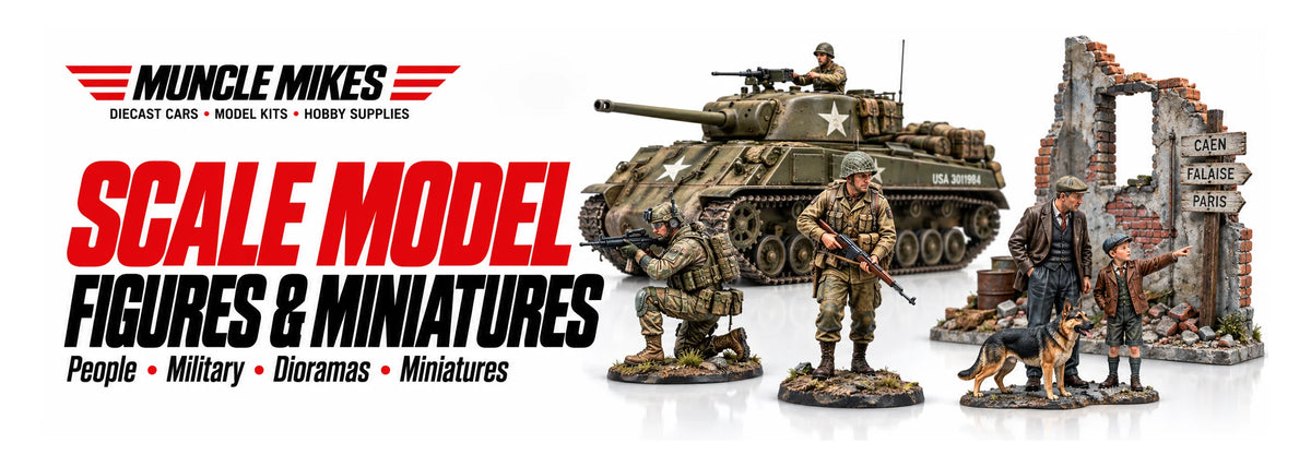 Muncle Mikes collection artwork: illustrative civilian and military scale figures with diorama scenery on white.