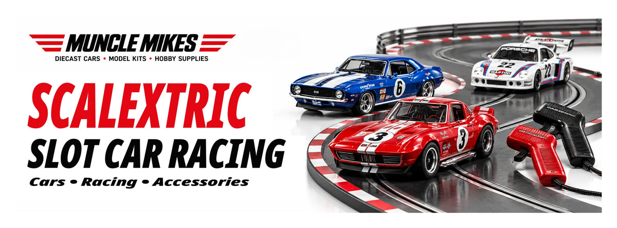Muncle Mikes Scalextric collection artwork: illustrative slot racing cars, track and controllers with a red and black title on white.