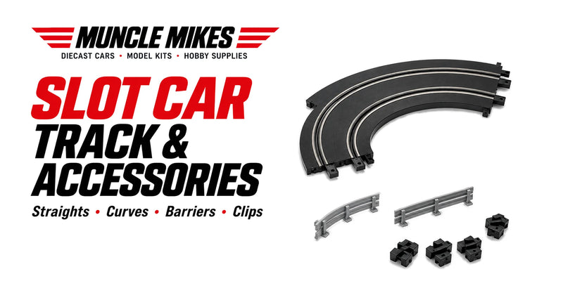 Muncle Mikes collection artwork: illustrative curved slot-car track, complete guard barriers and track clips on a white background.