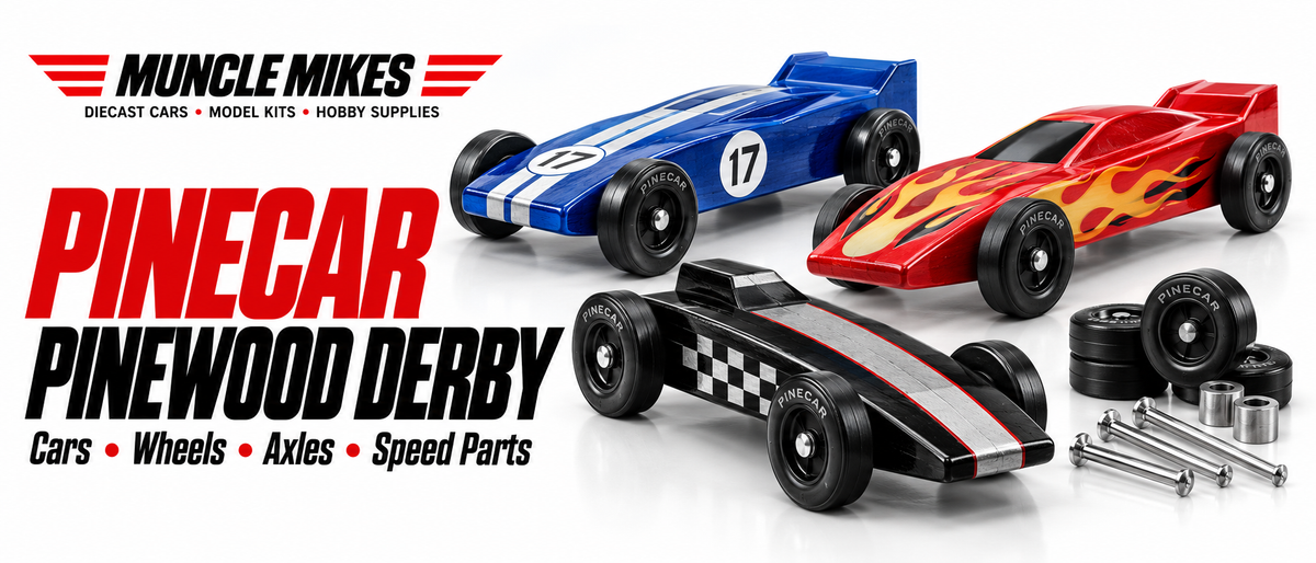 Muncle Mikes PineCar collection artwork: blue, red and black pinewood derby cars with wheels, axles and weights on a white background.