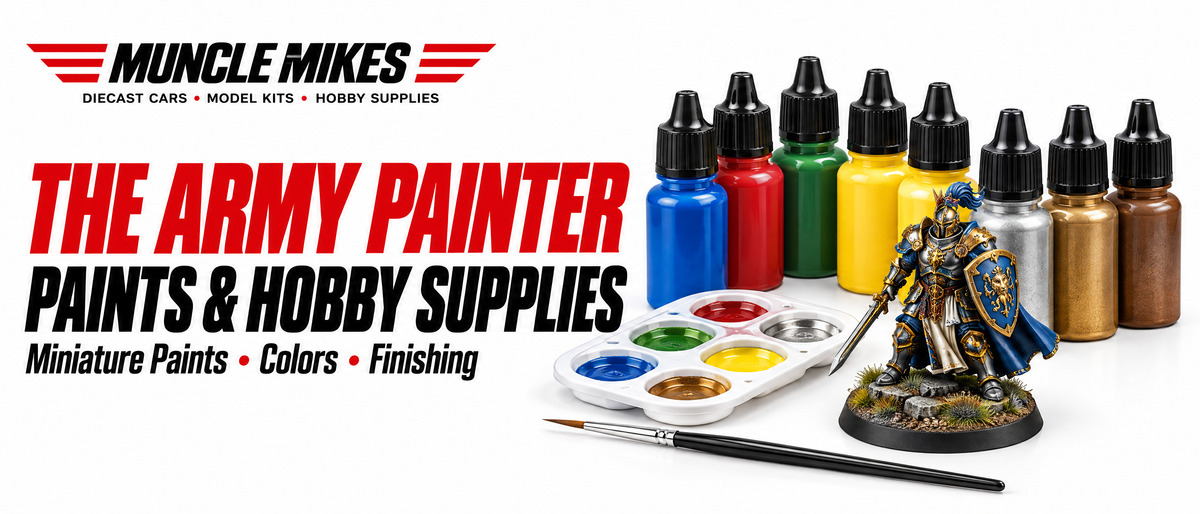 Muncle Mikes The Army Painter collection artwork: illustrative miniature paints, palette, brush and painted tabletop figure.