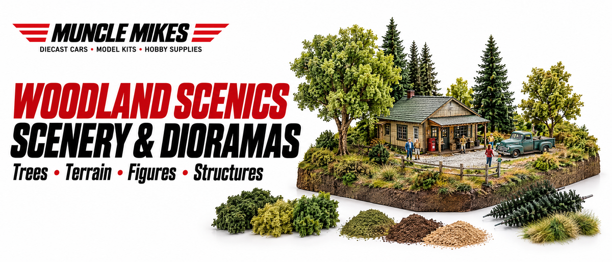 Muncle Mikes Woodland Scenics collection artwork: illustrative trees, terrain, miniature figures, a structure and scenery materials.